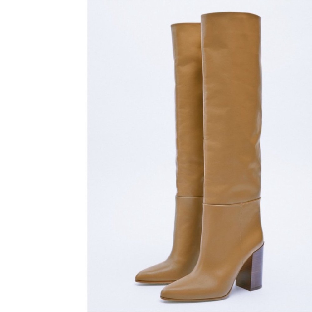 NEW ZARA Leather Knee High Heeled Camel Boots 38 Size 7.5 - Picture 5 of 10